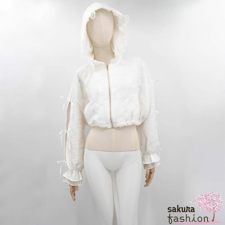 Rojita Blouson Weiß Spitze Kapuze Schleifen Transparenter Stoff Japan Kawaii hoodie blouson white