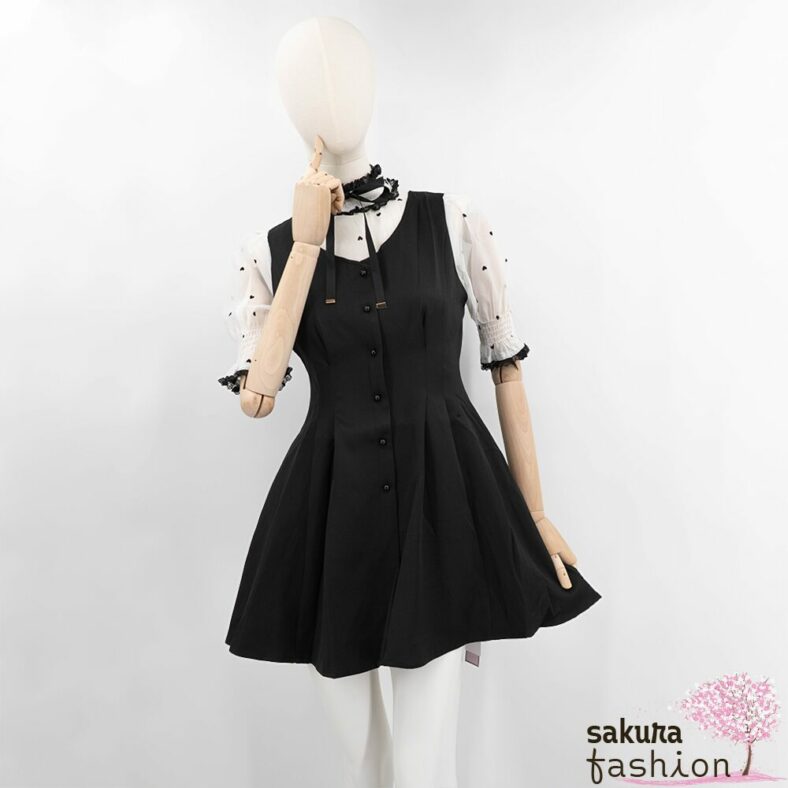 Rojita Kleid Schwarz Kurz Mini Herzmuster Kragenschleife Stehkragen Spitzendetails Zierknöpfe Japan Kawaii heart dot layered dress black