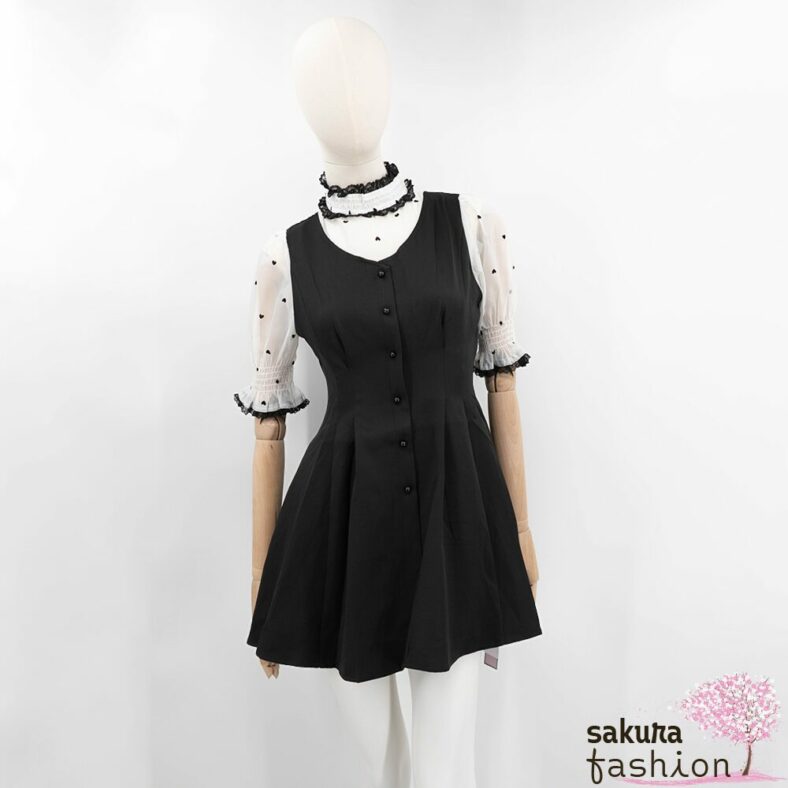 Rojita Kleid Schwarz Kurz Mini Herzmuster Kragenschleife Stehkragen Spitzendetails Zierknöpfe Japan Kawaii heart dot layered dress black