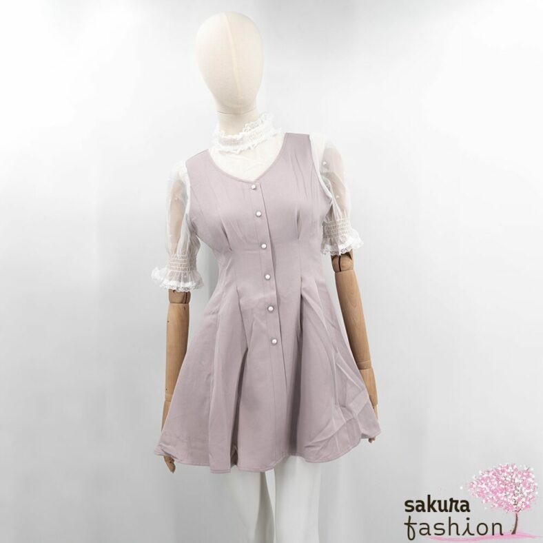 Rojita Kleid Rosa Kurz Mini Herzmuster Kragenschleife Stehkragen Spitzendetails Zierknöpfe Japan Kawaii heart dot layered dress pink