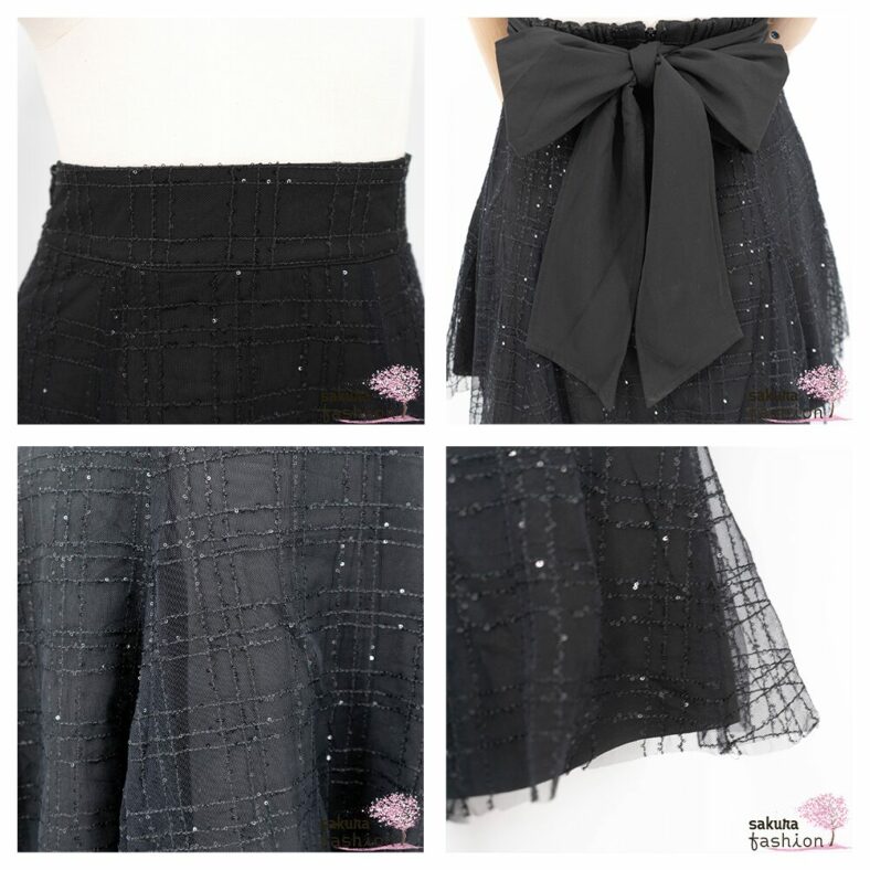 Rojita Tüllrock Schwarz Pailletten Kariert Bestickt Schleife Japan Kawaii Feminin back ribbon tulle skirt black