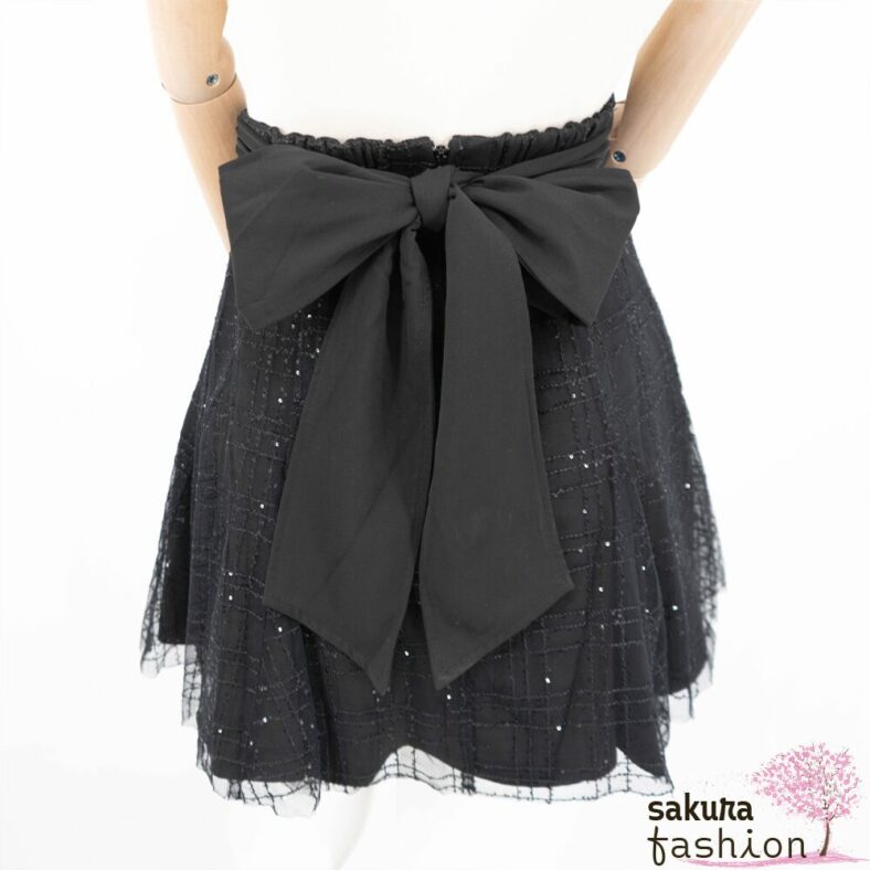 Rojita Tüllrock Schwarz Pailletten Kariert Bestickt Schleife Japan Kawaii Feminin back ribbon tulle skirt black