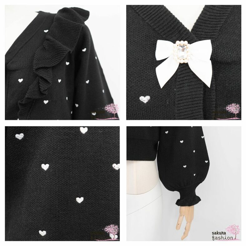 Rojita Cardigan Strickjacke Schwarz Herzmuster Rüschen Schleifen Schmucksteine Voluminöse Ärmel Japan Kawaii heart dot short knit cardigan black