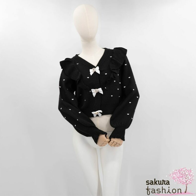 Rojita Cardigan Strickjacke Schwarz Herzmuster Rüschen Schleifen Schmucksteine Voluminöse Ärmel Japan Kawaii heart dot short knit cardigan black