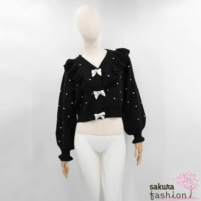 Rojita Cardigan Strickjacke Schwarz Herzmuster Rüschen Schleifen Schmucksteine Voluminöse Ärmel Japan Kawaii heart dot short knit cardigan black