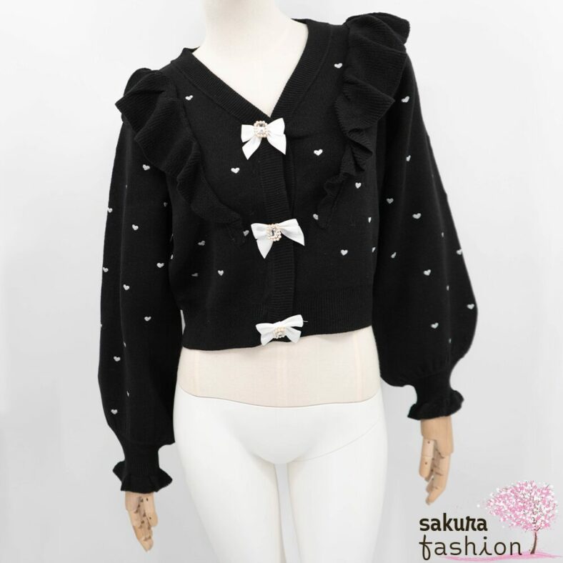 Rojita Cardigan Strickjacke Schwarz Herzmuster Rüschen Schleifen Schmucksteine Voluminöse Ärmel Japan Kawaii heart dot short knit cardigan black