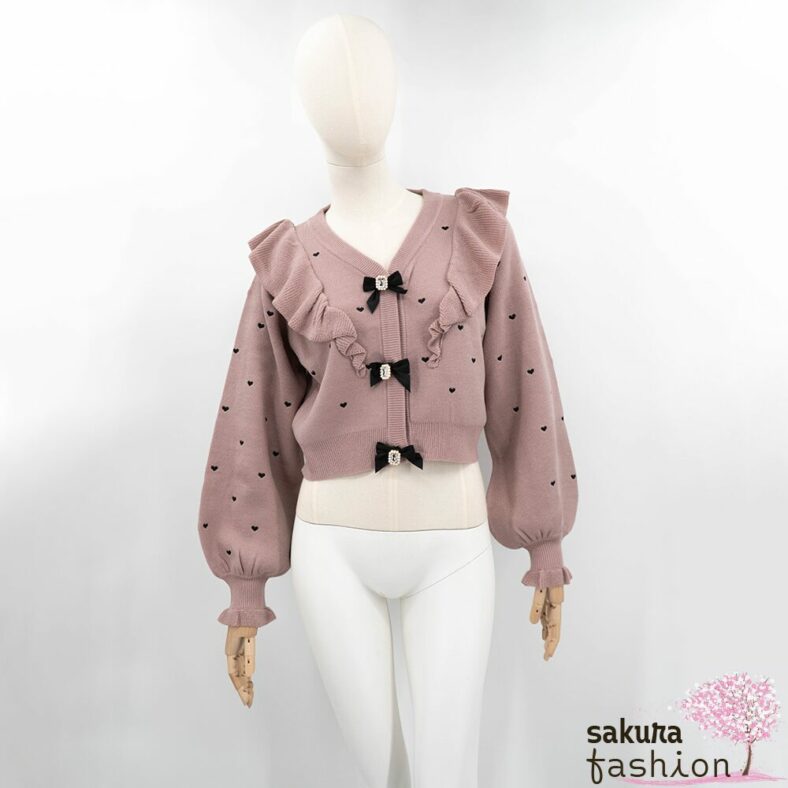 Rojita Cardigan Strickjacke Rosa Herzmuster Rüschen Schleifen Schmucksteine Voluminöse Ärmel Japan Kawaii heart dot short knit cardigan pink