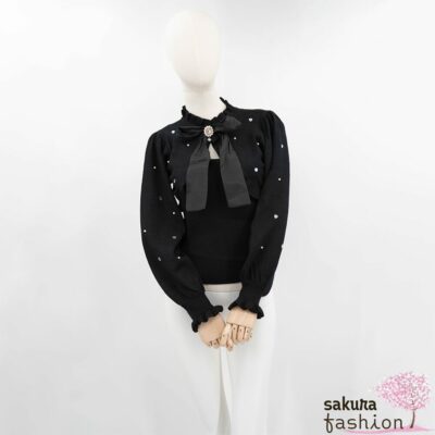 Rojita Set Bolero Stricktop Schwarz Rüschen Kragenschleife Brosche Herzmuster Japan Kawaii Bolero set knit cami black