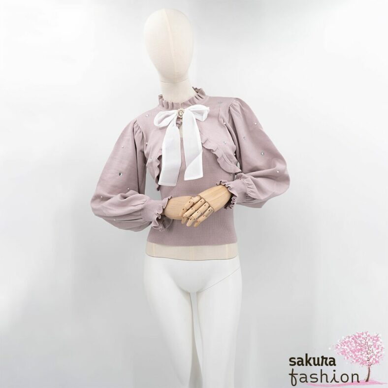 Rojita Set Bolero Stricktop Rosa Rüschen Kragenschleife Brosche Herzmuster Japan Kawaii Bolero set knit cami pink