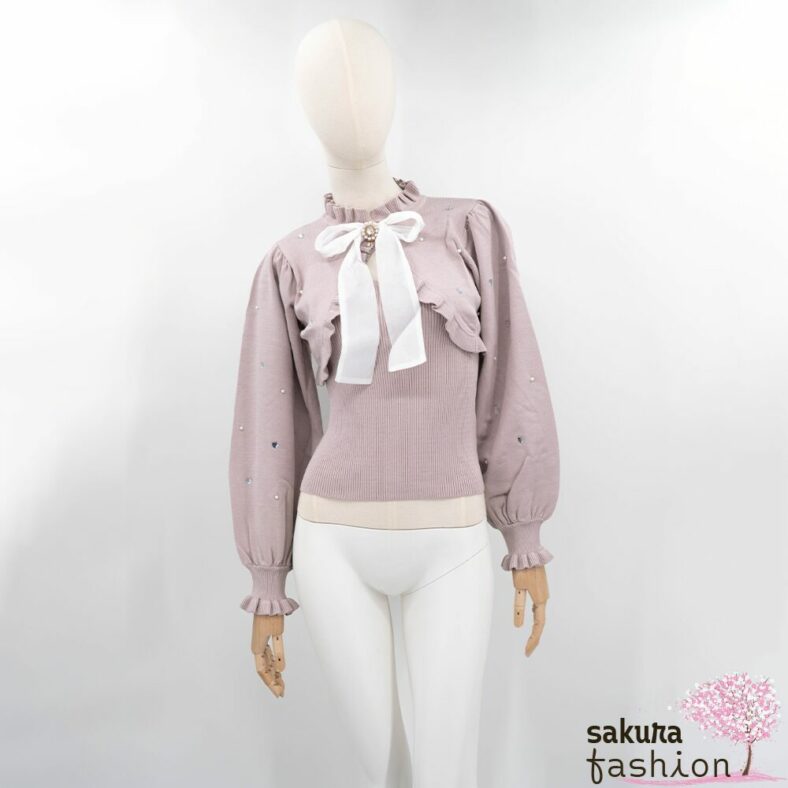 Rojita Set Bolero Stricktop Rosa Rüschen Kragenschleife Brosche Herzmuster Japan Kawaii Bolero set knit cami pink