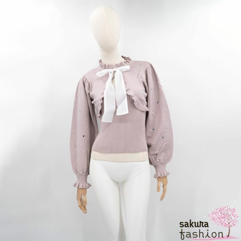 Rojita Set Bolero Stricktop Rosa Rüschen Kragenschleife Brosche Herzmuster Japan Kawaii Bolero set knit cami pink