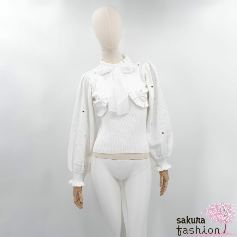 Rojita Set Bolero Stricktop Weiß Rüschen Kragenschleife Brosche Herzmuster Japan Kawaii Bolero set knit cami white