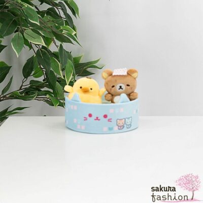 San-X Rilakkuma Stofftier Set Stoffbär Braun Rilakkuma Stoffvogelküken Gelb Kiiroitori Katzenpool Blau Sammelset Mount Fuji Japan Kawaii public bath stuffed animal set neko neko no yu