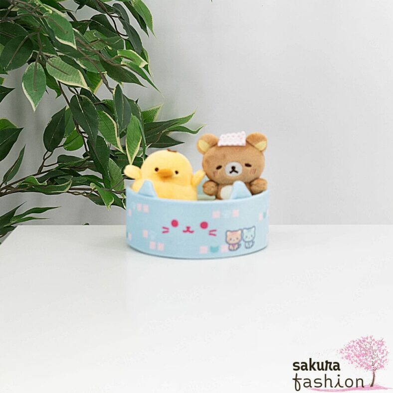 San-X Rilakkuma Stofftier Set Stoffbär Braun Rilakkuma Stoffvogelküken Gelb Kiiroitori Katzenpool Blau Sammelset Mount Fuji Japan Kawaii public bath stuffed animal set neko neko no yu