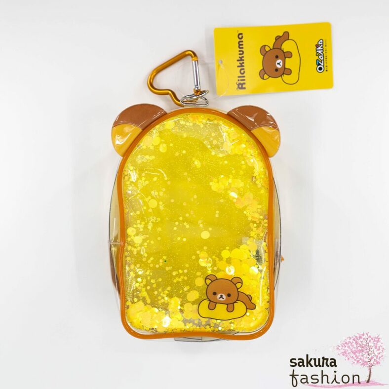 San-X Rilakkuma Glitzerbeutel Gelb Bärenmotiv Konfetti Herz-Karabinerhaken Japan Kawaii rilakkuma sparkly plush pouch yellow