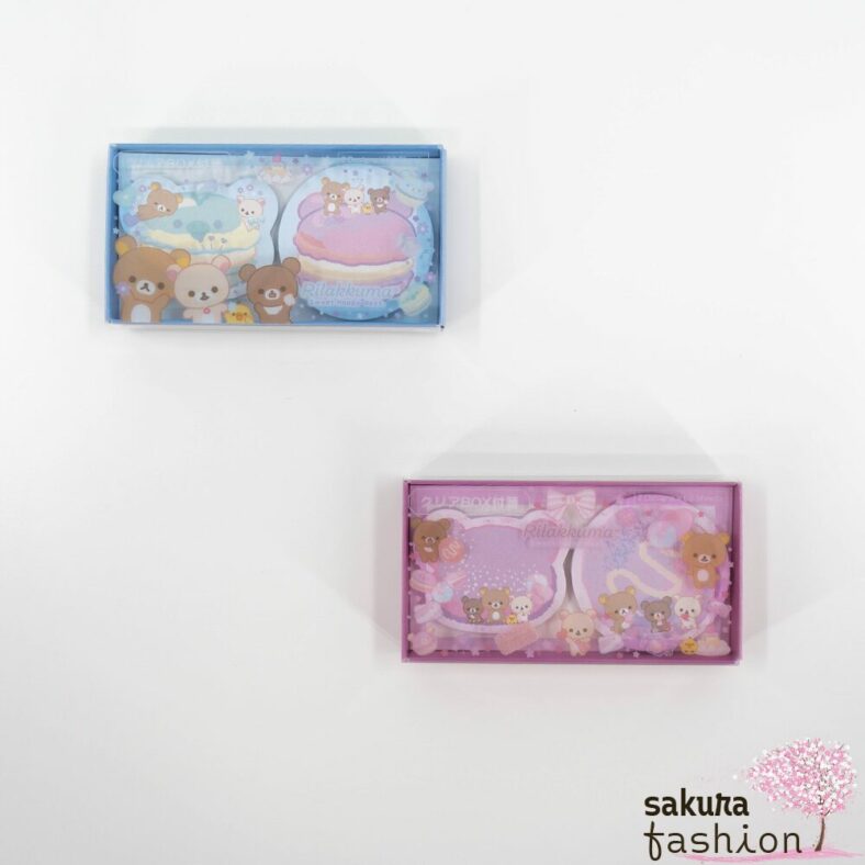 San-X Rilakkuma Haftnotizen Box Transparent Blau Rosa Bär Korilakkuma Chairoikoguma Weiß Braun Keksmotiv Macaronmotiv Japan Kawaii clear box sticky notes (rilakkuma blue pink)