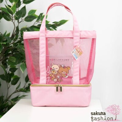 San-X Rilakkuma Mesh-Einkaufstasche Kühltasche Rosa Korilakkuma Chairoikoguma Bär Vogelküken Kiiroitori Gelb Braun Weiß Erdbeerenmotiv Japan Kawaii mesh cold tote bag rilakkuma korilakkumas strawberry day pink