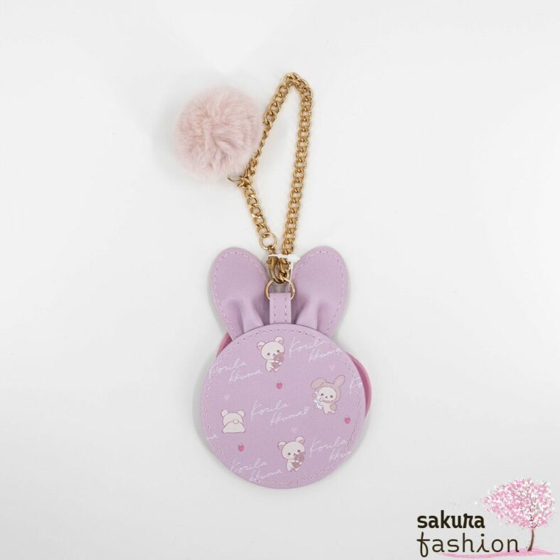 San-X Taschenanhänger Hasenohren Spiegelanhänger Lila Motiv Korilakkuma Bär Weiß Hasen Braun Herzen Pink Schriftzug Pompon Rosa Weich Flauschig Japan Kawaii Accessoire mirror bag pendant (korilakkuma and rabbit tea time)