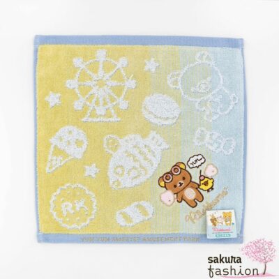 San-X mini Handtuch Weich Blau Bestickt Rilakkuma Braun Bär Kiiroitori Küken Vogel Gelb Vergnügungsparkmotiv Zuckerwatte Japan Kawaii Accessoire mini towel rilakkuma and kiiroitori in the strange amusement park