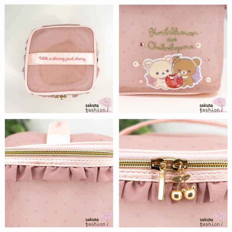 San-X Rosa Kosmetiktasche Mesh-Stoff Gepunktet Rüschen Bärenmotiv Korilakkuma Chairoikoguma Glitzersteine Perlen Rüschenakzent Kirsche Gold Japan Kawaii chairoikoguma korilakkuma vanity pouch korikogu jewel cherry pink