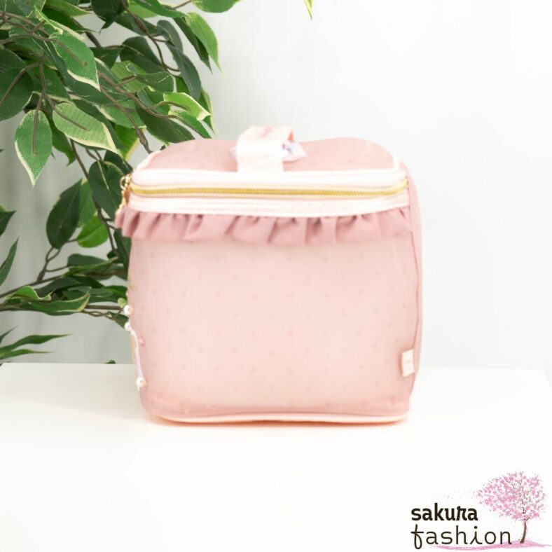 San-X Rosa Kosmetiktasche Mesh-Stoff Gepunktet Rüschen Bärenmotiv Korilakkuma Chairoikoguma Glitzersteine Perlen Rüschenakzent Kirsche Gold Japan Kawaii chairoikoguma korilakkuma vanity pouch korikogu jewel cherry pink