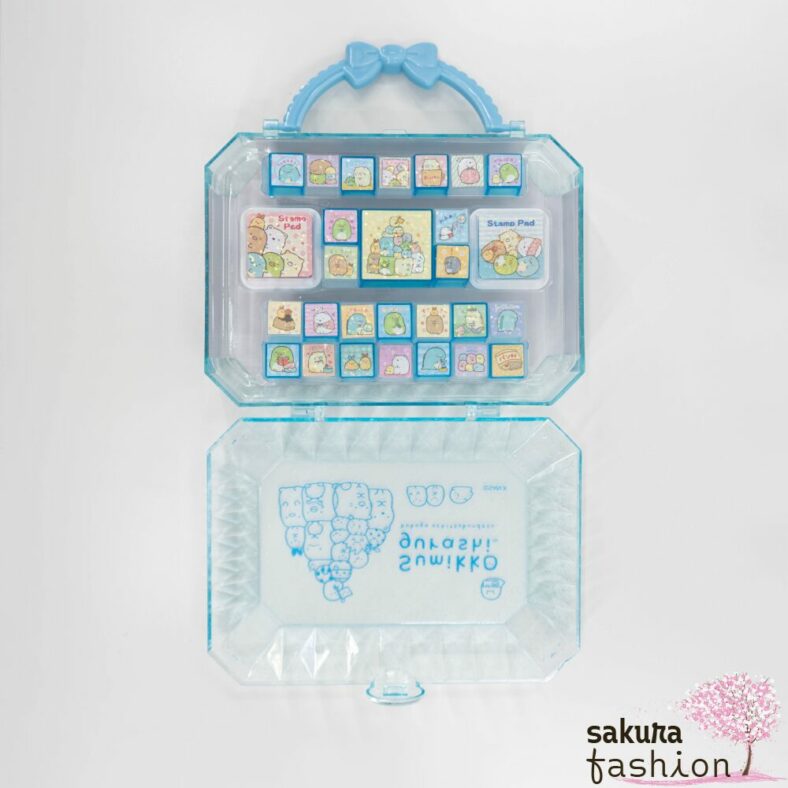 San-X Sumikko Gurashi Stempelset Groß Blau 26 Motive Stempelkissen Kunstoffetui Glitzernd Schleife Japan Kawaii DIY Stationery stamp set (L) blue