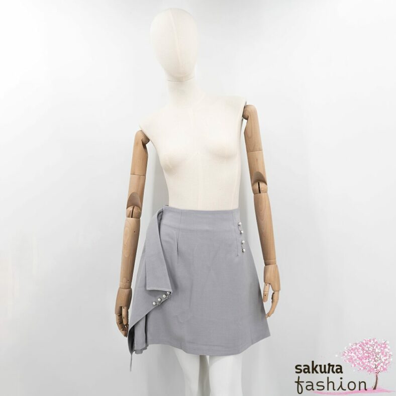 Axes Femme Faltenrock Hosenrock Grau Wickeloptik Schmuckschnalle Skort Japan Kawaii Feminin wrap design skirt with-inner shorts grey