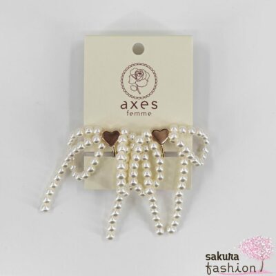 Axes Femme Clip-Ohrringe Perlenschleifen Weiß Metallherz Gold Japan Kawaii Feminin pearl ribbon earrings white