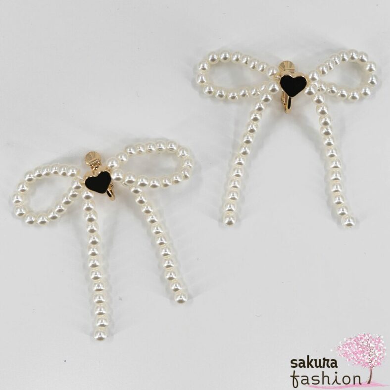 Axes Femme Clip-Ohrringe Perlenschleifen Weiß Metallherz Gold Japan Kawaii Feminin pearl ribbon earrings white