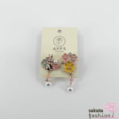 Axes Femme Clip-Ohrringe Rosa Kaninchen Hase Blumen Perlen Schmucksteine Japan Kawaii Feminin rabbit and flower earrings pink