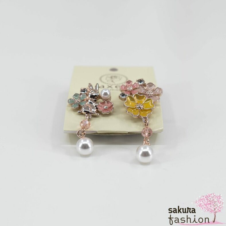 Axes Femme Clip-Ohrringe Rosa Kaninchen Hase Blumen Perlen Schmucksteine Japan Kawaii Feminin rabbit and flower earrings pink