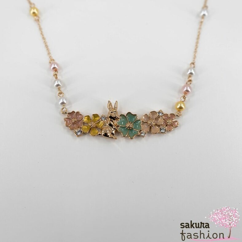 Axes Femme Halskette Gold Kaninchen Hase Blumen Perlen Schmucksteine Japan Kawaii Feminin rabbit and flower necklace gold