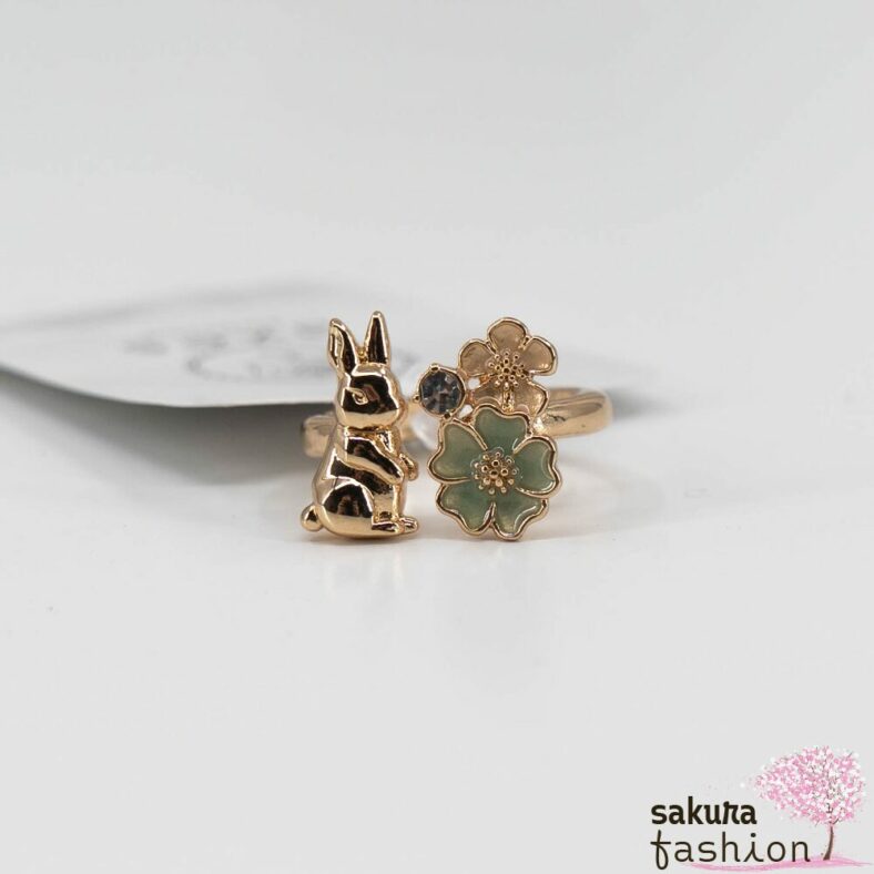 Axes Femme Ring Gold Kaninchen Hase Blumen Perlen Schmucksteine Japan Kawaii Feminin rabbit and flower ring gold