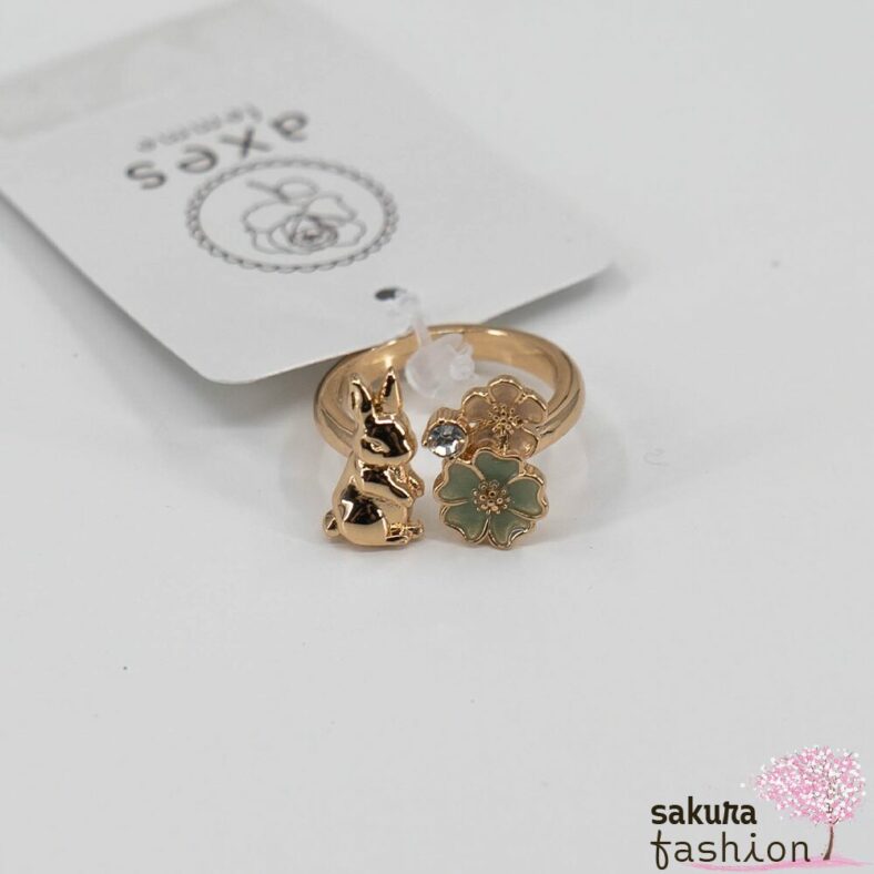 Axes Femme Ring Gold Kaninchen Hase Blumen Perlen Schmucksteine Japan Kawaii Feminin rabbit and flower ring gold