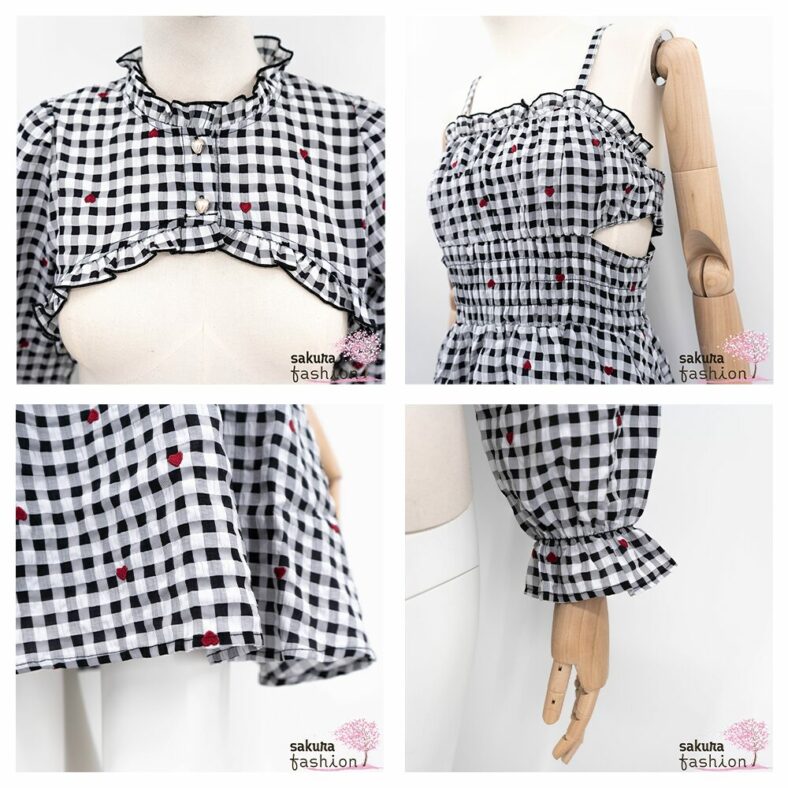 Axes Femme Set Kleid Mini Bluse Kurz Blau Beige Schwarz Kariert Karo Gingham Muster Bestickt Herzen Rüschen Japan Kawaii Feminin heart dot embroidery gingham blouse dress saxe blue beige black