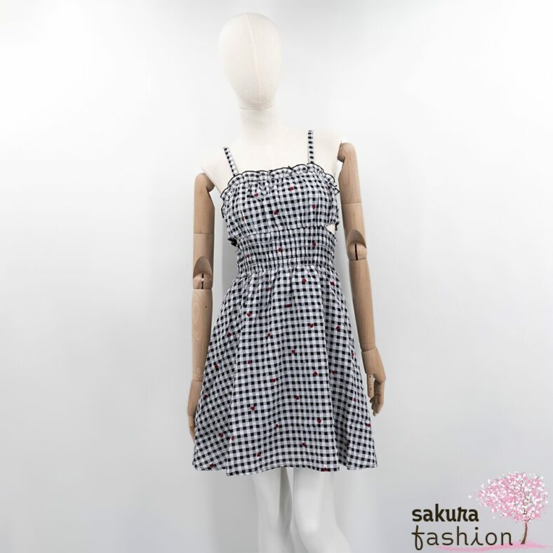 Axes Femme Set Kleid Mini Bluse Kurz Schwarz Kariert Karo Gingham Muster Bestickt Herzen Rüschen Japan Kawaii Feminin heart dot embroidery gingham blouse dress black