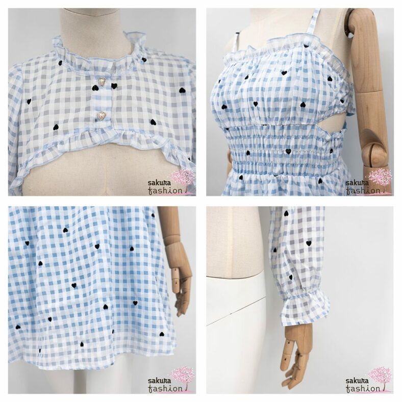 Axes Femme Set Kleid Mini Bluse Kurz Blau Kariert Karo Gingham Muster Bestickt Herzen Rüschen Japan Kawaii Feminin heart dot embroidery gingham blouse dress saxe blue