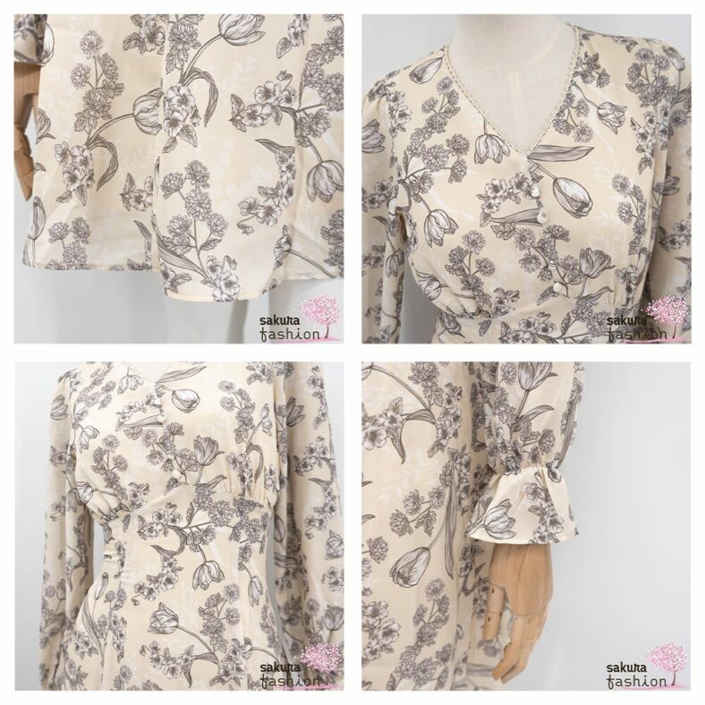 Axes Femme Kleid Minikleid Zart Creme Floral Blumenmuster Zierknöpfe Tailliert Schnürung Langarm Kurz Leicht Luftig Japan Kawaii Feminin floral sketch dress cream