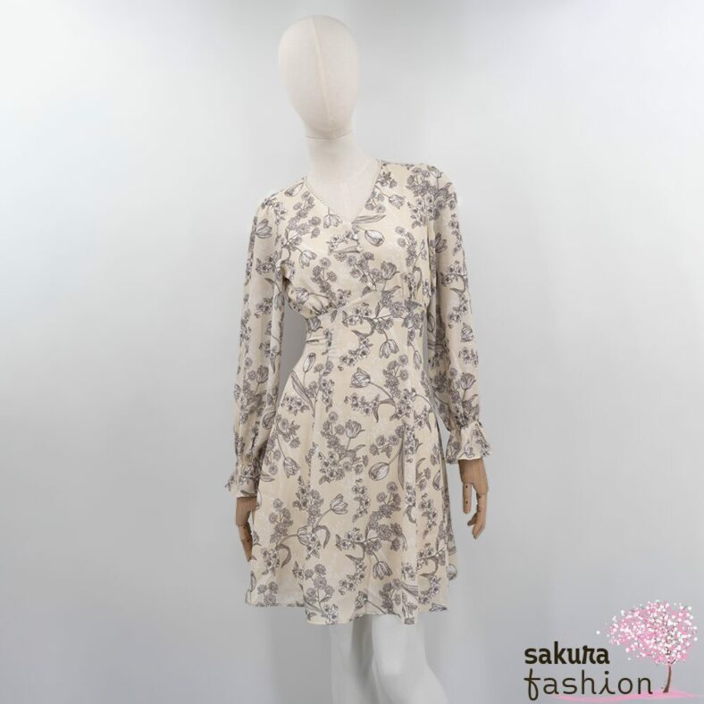 Axes Femme Kleid Minikleid Zart Creme Floral Blumenmuster Zierknöpfe Tailliert Schnürung Langarm Kurz Leicht Luftig Japan Kawaii Feminin floral sketch dress cream