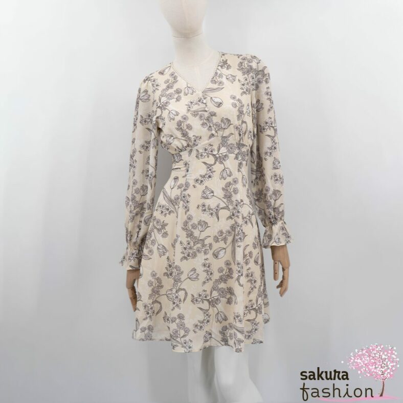 Axes Femme Kleid Minikleid Zart Creme Floral Blumenmuster Zierknöpfe Tailliert Schnürung Langarm Kurz Leicht Luftig Japan Kawaii Feminin floral sketch dress cream