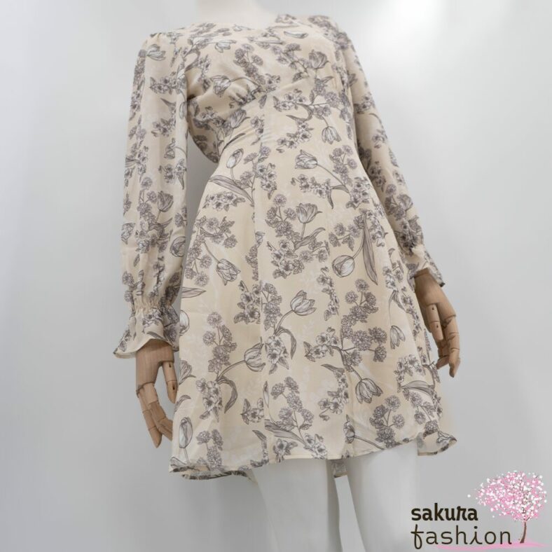 Axes Femme Kleid Minikleid Zart Creme Floral Blumenmuster Zierknöpfe Tailliert Schnürung Langarm Kurz Leicht Luftig Japan Kawaii Feminin floral sketch dress cream