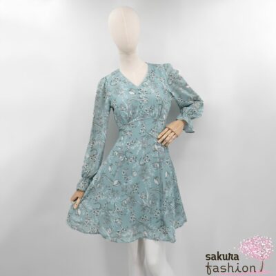 Axes Femme Kleid Minikleid Zart Grün Floral Blumenmuster Zierknöpfe Tailliert Schnürung Langarm Kurz Leicht Luftig Japan Kawaii Feminin floral sketch dress green