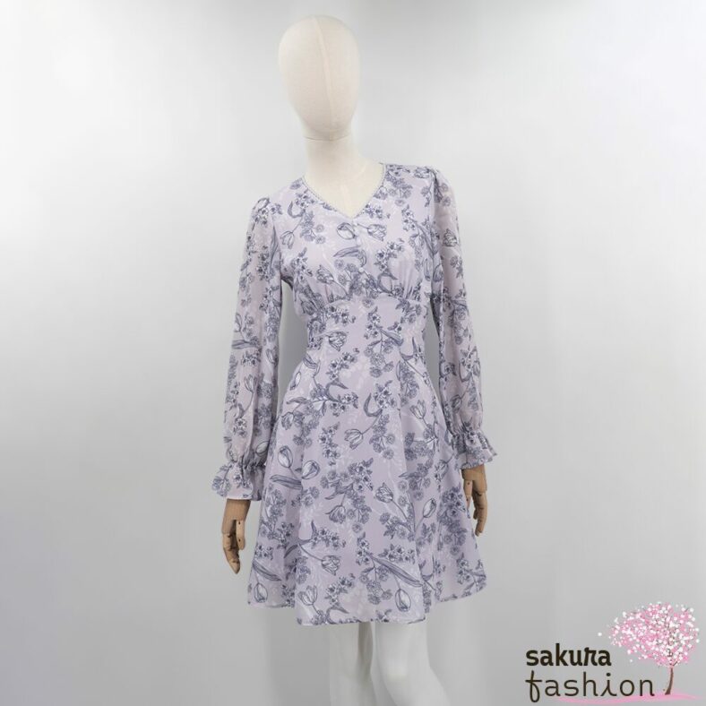 Axes Femme Kleid Minikleid Zart Lavendel Floral Blumenmuster Zierknöpfe Tailliert Schnürung Langarm Kurz Leicht Luftig Japan Kawaii Feminin floral sketch dress lavender