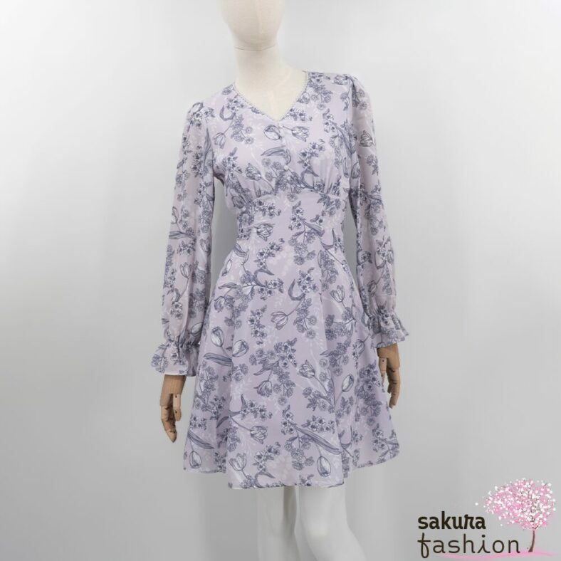 Axes Femme Kleid Minikleid Zart Lavendel Floral Blumenmuster Zierknöpfe Tailliert Schnürung Langarm Kurz Leicht Luftig Japan Kawaii Feminin floral sketch dress lavender