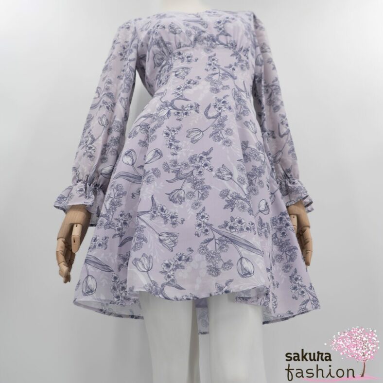 Axes Femme Kleid Minikleid Zart Lavendel Floral Blumenmuster Zierknöpfe Tailliert Schnürung Langarm Kurz Leicht Luftig Japan Kawaii Feminin floral sketch dress lavender