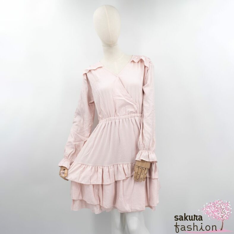 Axes Femme Tunika Kleid Rosa Rüschen V-Ausschnitt Wickeloptik Langarm Japan Kawaii Feminin irregular hem frill tunic pink