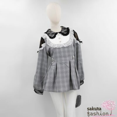 Dear My Love Tunika Tunikakleid Kariert Grau Spitze Weiß Schleifen Schulterfrei Bubikragen Schleifenbrosche Tailliert Japan Kawaii lace sleeve yoke frill tunic dress black check