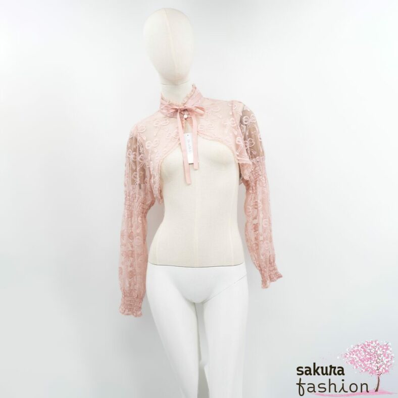 Dear My Love Bluse Rosa Spitzenbluse Kurz Cropped Kragenband Kragenschleife Japan Kawaii lace short blouse pink