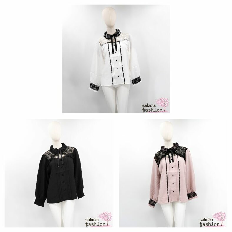 Dear My Love Whip Bluse Langarm Spitzenbolero-Design Schwarz Rosa Weiß Spitze Herzausschnitt Zierknöpfe Haifischkragen Windsorkragen Kragenband Schleife Japan Kawaii frilled bolero yoke lace ribbon blouse black pink white