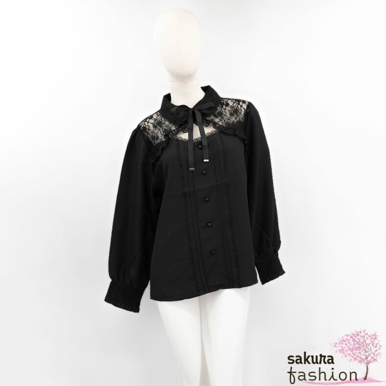 Dear My Love Whip Bluse Langarm Spitzenbolero-Design Schwarz Spitze Herzausschnitt Zierknöpfe Haifischkragen Windsorkragen Kragenband Schleife Japan Kawaii frilled bolero yoke lace ribbon blouse black